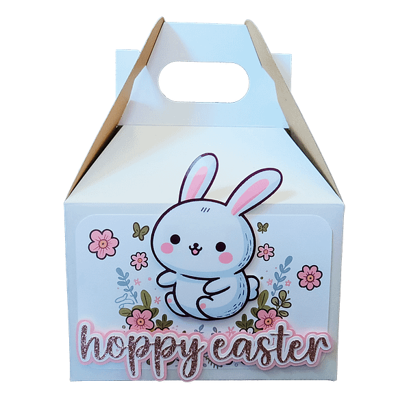 Cute chubby bunny box with spring flowers and a rose gold embellishment with the words in cursive that read hoppy bunny